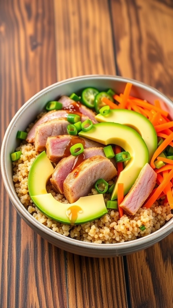 Seared Tuna Quinoa Bowl Recipe A colorful seared tuna quinoa bowl with tuna, avocado, cucumber, and carrots, garnished with green onions and sesame seeds.
